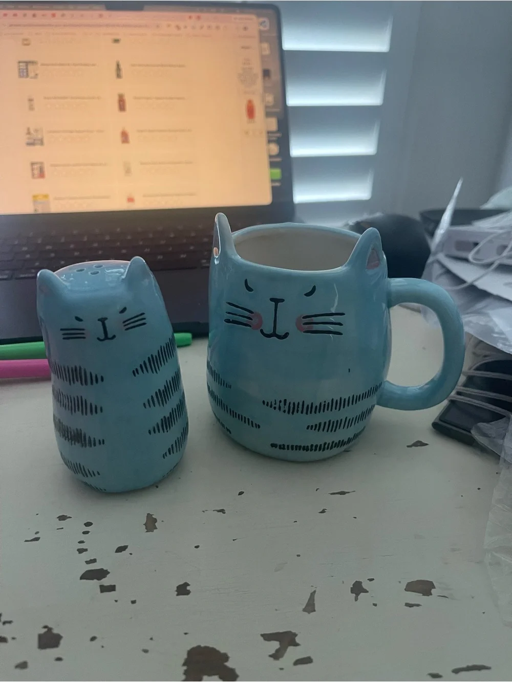 Blue Cat Ceramic Mug and Shaker Set - Cute Cat Design